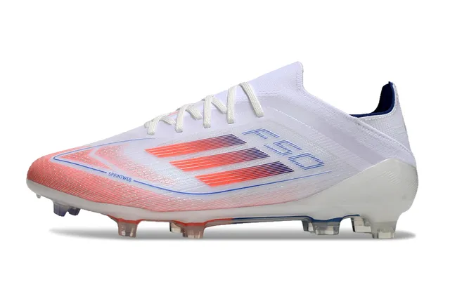 Adidas F50 सफेद कोरल लाल नीला फर्म ग्राउंड फुटबॉल जूते 7