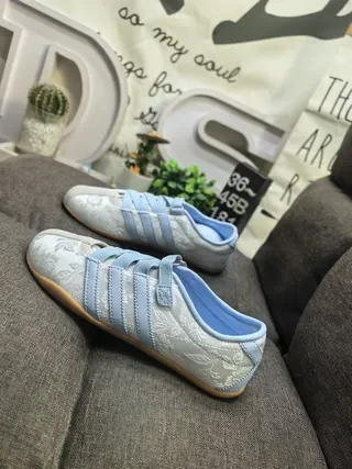 Adidas Gris Bleu Sans Lacets Low-Top Floral Jacquard Upper Lifestyle Sneakers 7