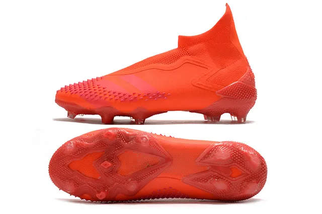 Adidas Chaussures de football orange rose coupe haute tige chaussette translucide accents de rayures terrain ferme 5