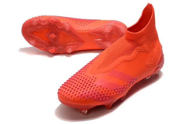 Adidas Chaussures de football orange rose coupe haute tige chaussette translucide accents de rayures terrain ferme 9