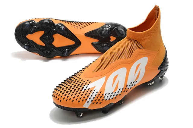 Adidas Chaussures de football orange rose coupe haute tige chaussette translucide accents de rayures terrain ferme 20