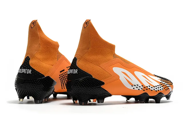 Adidas Chaussures de football orange rose coupe haute tige chaussette translucide accents de rayures terrain ferme 21