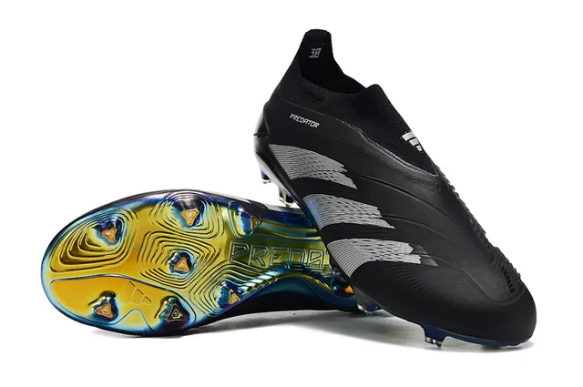 Adidas Predator Preto Prata Baixo Corte Ajuste Meia Parte Superior Iridescente Holográfico Placa Sola Césped Firme Sapatos de Futebol 3