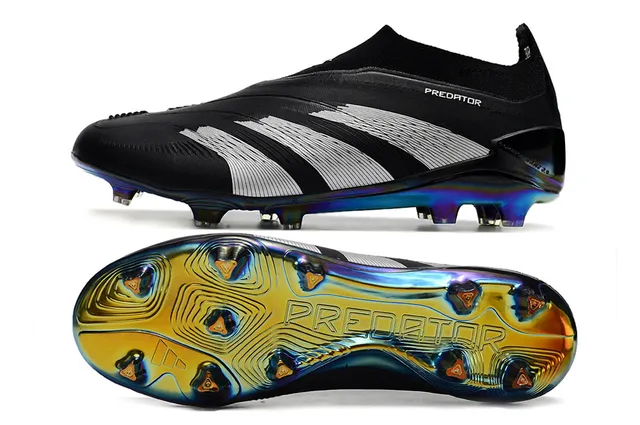 Adidas Predator Preto Prata Baixo Corte Ajuste Meia Parte Superior Iridescente Holográfico Placa Sola Césped Firme Sapatos de Futebol 5