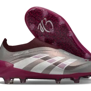 Adidas Predator Chaussures de football bordeaux argent collet sock-fit superposition cage rayée terrain ferme