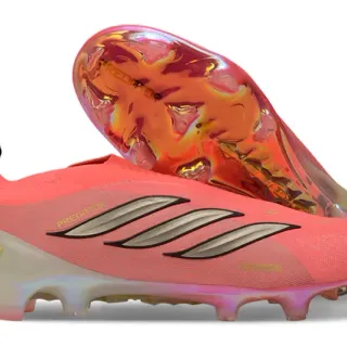 أحذية كرة القدم Adidas Predator وردي برتقالي، upper جوارب، سول إيريديسسنت شفاف، أرضية صلبة