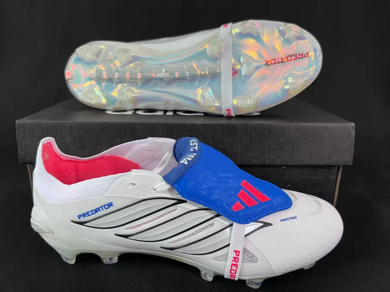 Adidas Predator Branco Azul Sem Cadarços Fechamento de Tirante Iridescente Holográfico Solado Césped Natural Sapatos de Futebol 7