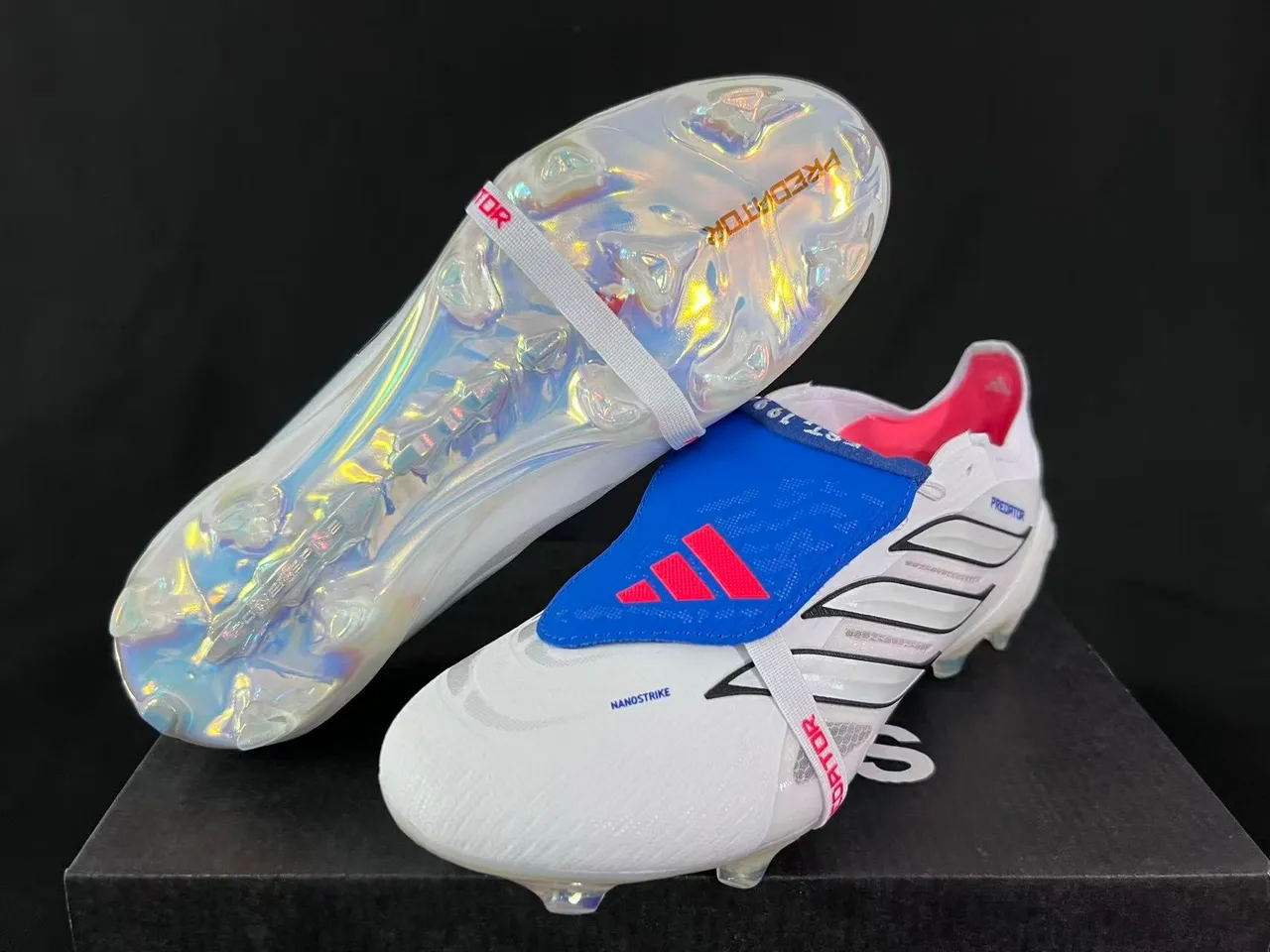 Adidas Predator Branco Azul Sem Cadarços Fechamento de Tirante Iridescente Holográfico Solado Césped Natural Sapatos de Futebol 8