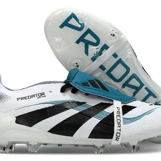 Adidas Predator Blanc Bleu Sans Lacets Fermeture à Straps Trois Rayures Noires Terrain Ferme Chaussures de Football