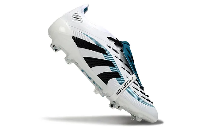 Adidas Predator Blanc Bleu Sans Lacets Fermeture à Straps Trois Rayures Noires Terrain Ferme Chaussures de Football 2
