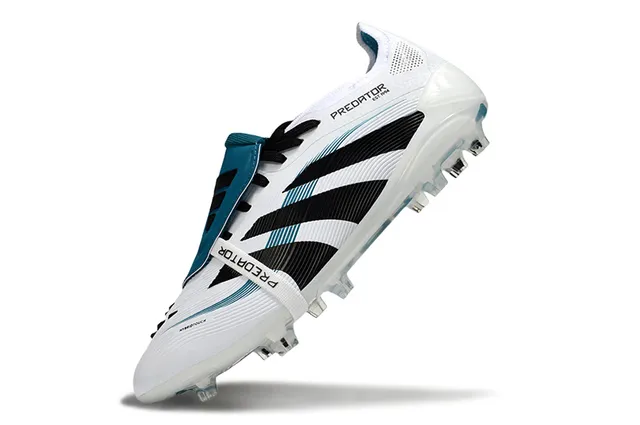 Adidas Predator Blanc Bleu Sans Lacets Fermeture à Straps Trois Rayures Noires Terrain Ferme Chaussures de Football 3