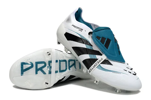 Adidas Predator Blanc Bleu Sans Lacets Fermeture à Straps Trois Rayures Noires Terrain Ferme Chaussures de Football 4