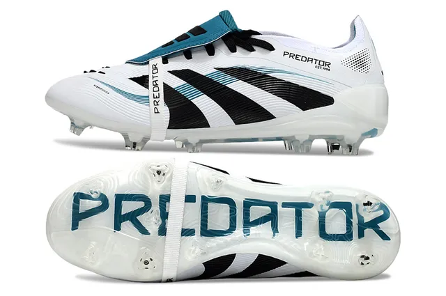 Adidas Predator Blanc Bleu Sans Lacets Fermeture à Straps Trois Rayures Noires Terrain Ferme Chaussures de Football 6