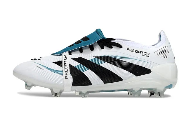 Adidas Predator Blanc Bleu Sans Lacets Fermeture à Straps Trois Rayures Noires Terrain Ferme Chaussures de Football 7