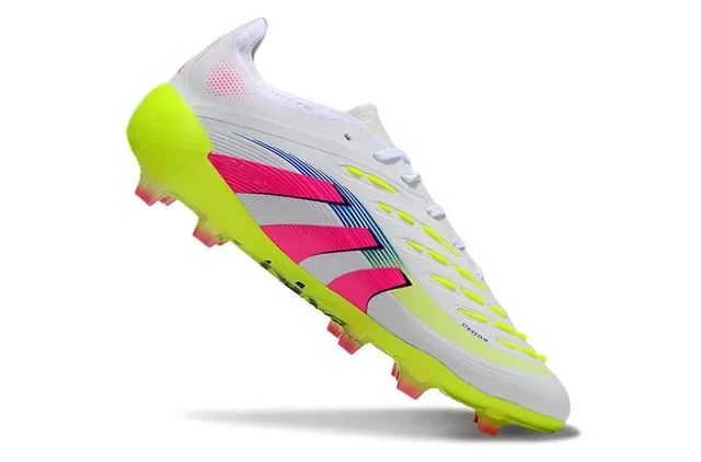 Adidas Predator Zapatillas de fútbol blanco rosa ribeteado media pie cage suela neón amarilla translúcida tierra firme 2