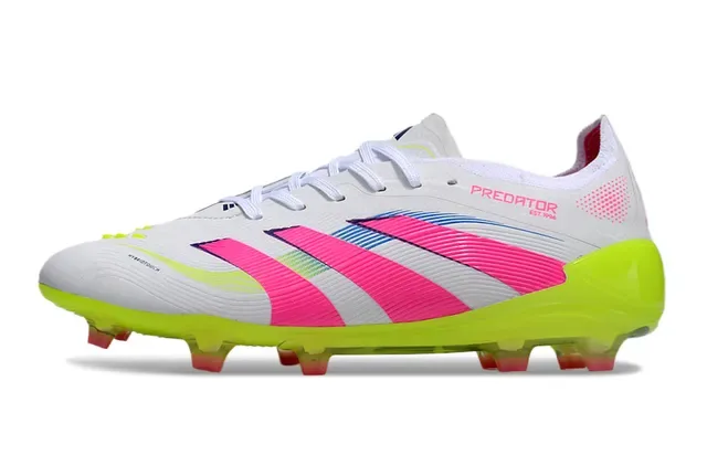 Adidas Predator Zapatillas de fútbol blanco rosa ribeteado media pie cage suela neón amarilla translúcida tierra firme 3