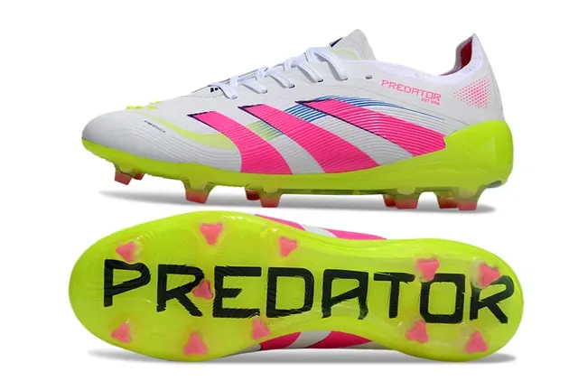 Adidas Predator Zapatillas de fútbol blanco rosa ribeteado media pie cage suela neón amarilla translúcida tierra firme 4