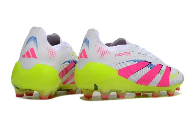 Adidas Predator Zapatillas de fútbol blanco rosa ribeteado media pie cage suela neón amarilla translúcida tierra firme 5