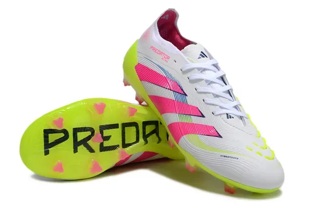 Adidas Predator Zapatillas de fútbol blanco rosa ribeteado media pie cage suela neón amarilla translúcida tierra firme 6