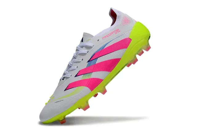 Adidas Predator Zapatillas de fútbol blanco rosa ribeteado media pie cage suela neón amarilla translúcida tierra firme 7