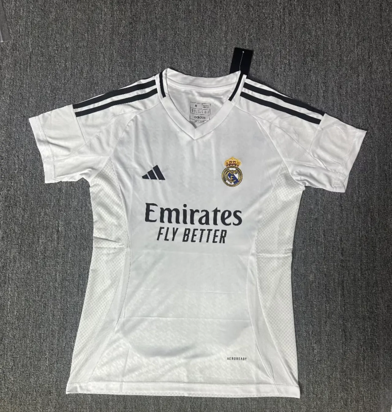 Adidas Real Madrid Casa Branco Preto Gola em V Manga Curta Camiseta 3