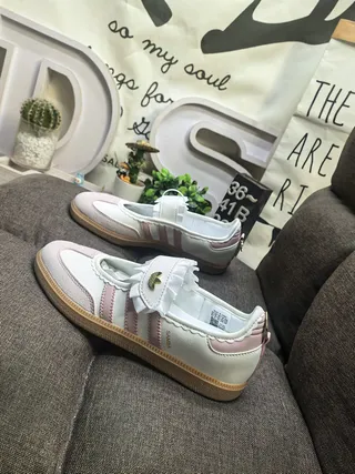 Adidas Samba White Pink Laceless Ruffled Strap Mary Jane Shoes 7