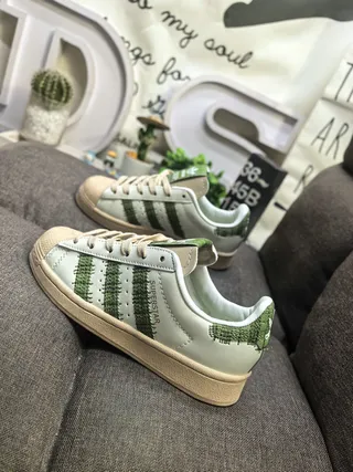 Adidas Superstar Beige Green Shell Toe Perforated Three Stripes Lifestyle Sneakers 7