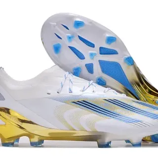 Adidas Zapatos de fútbol blancos y dorados de bajo corte, parte superior sintética, talón translúcido, superficie firme