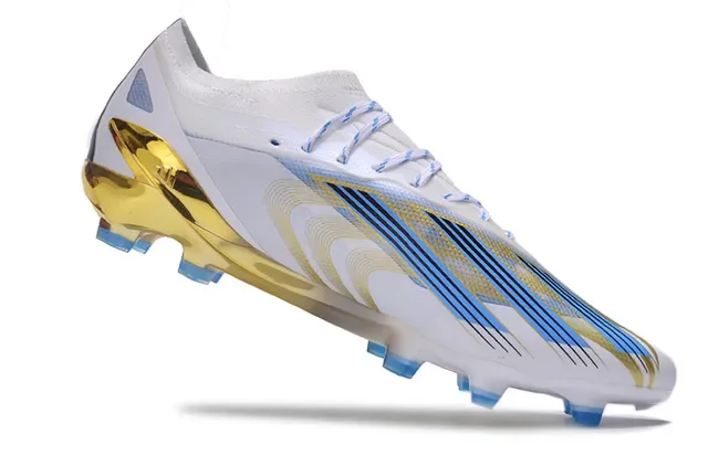 Adidas Sapatos de futebol brancos e dourados de baixo corte, parte superior sintética, calcanhar translúcido, superfície firme 2