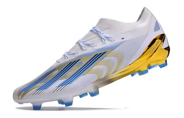 Adidas Sapatos de futebol brancos e dourados de baixo corte, parte superior sintética, calcanhar translúcido, superfície firme 3