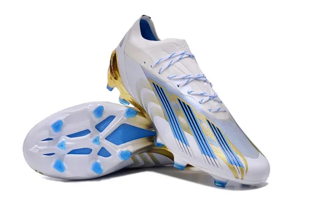 Adidas Sapatos de futebol brancos e dourados de baixo corte, parte superior sintética, calcanhar translúcido, superfície firme 4