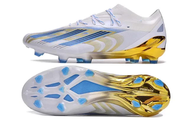 Adidas Sapatos de futebol brancos e dourados de baixo corte, parte superior sintética, calcanhar translúcido, superfície firme 6