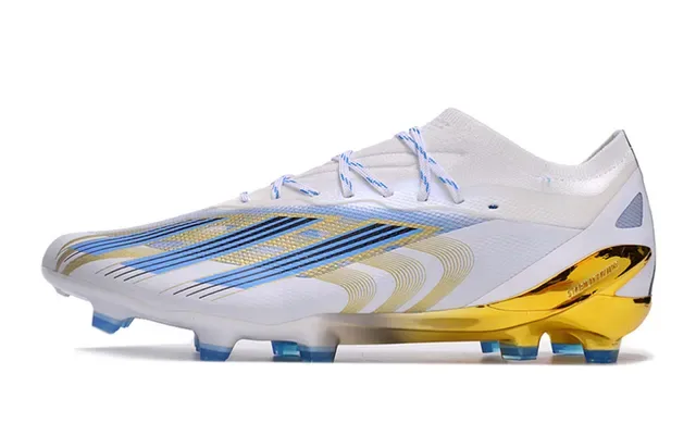 Adidas Sapatos de futebol brancos e dourados de baixo corte, parte superior sintética, calcanhar translúcido, superfície firme 7