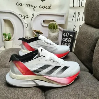 Adidas Blanc Rouge Maille Ingénierisée Supérieure Trois Rayures Marquage Côté Chaussures de Course