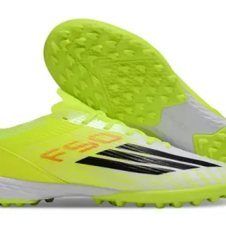Adidas Yellow White Neon Synthetic Upper Black Three-Stripe Branding Artificial-Grass Soccer Shoes