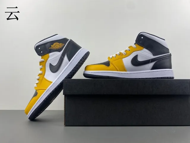 Air Jordan 1 Amarillo Negro Tobillo Alto Cuero Superior Zapatos de Baloncesto 14