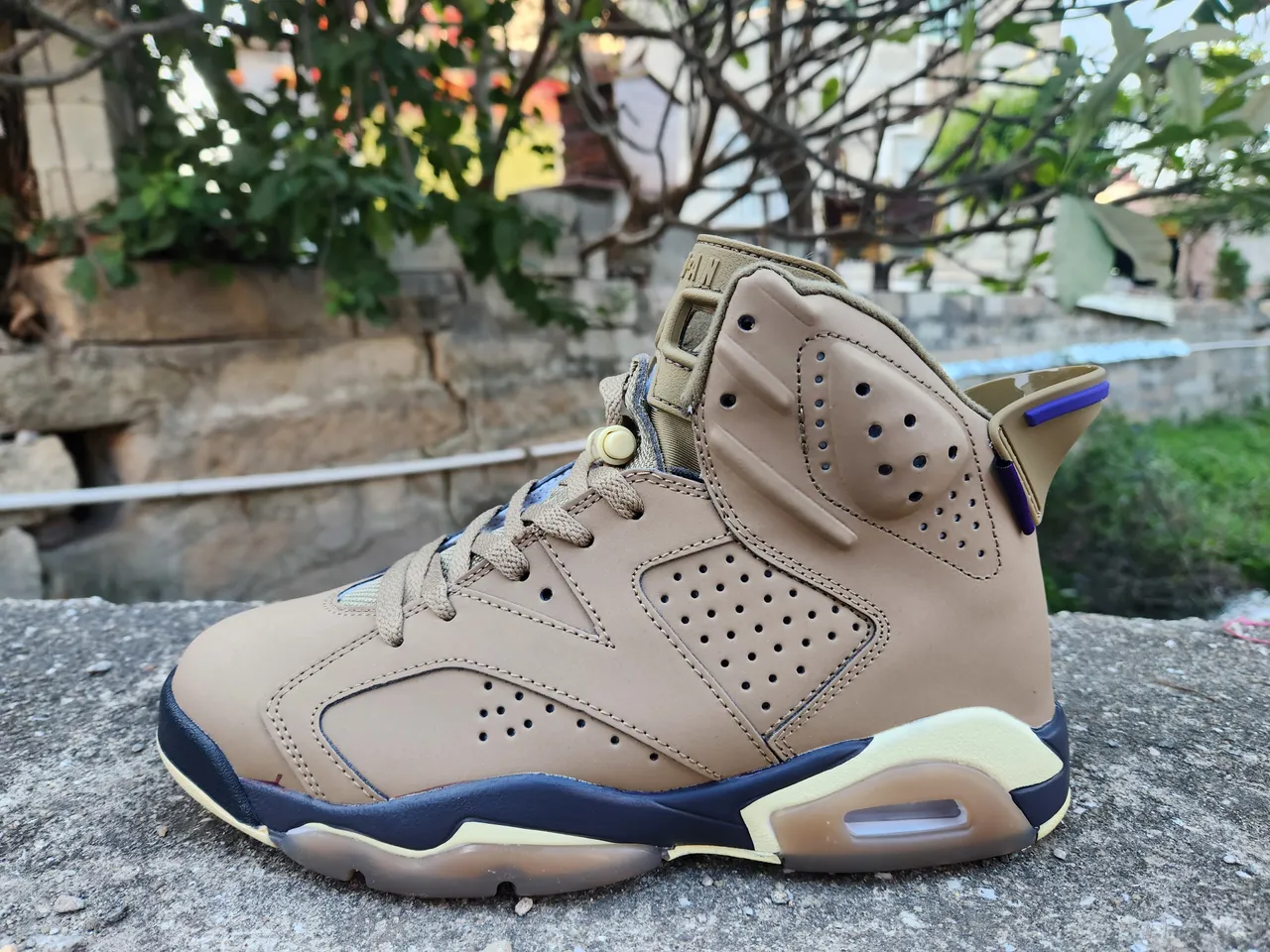 Tênis de basquete Air Jordan 6 bege, azul-marinho e roxo 5