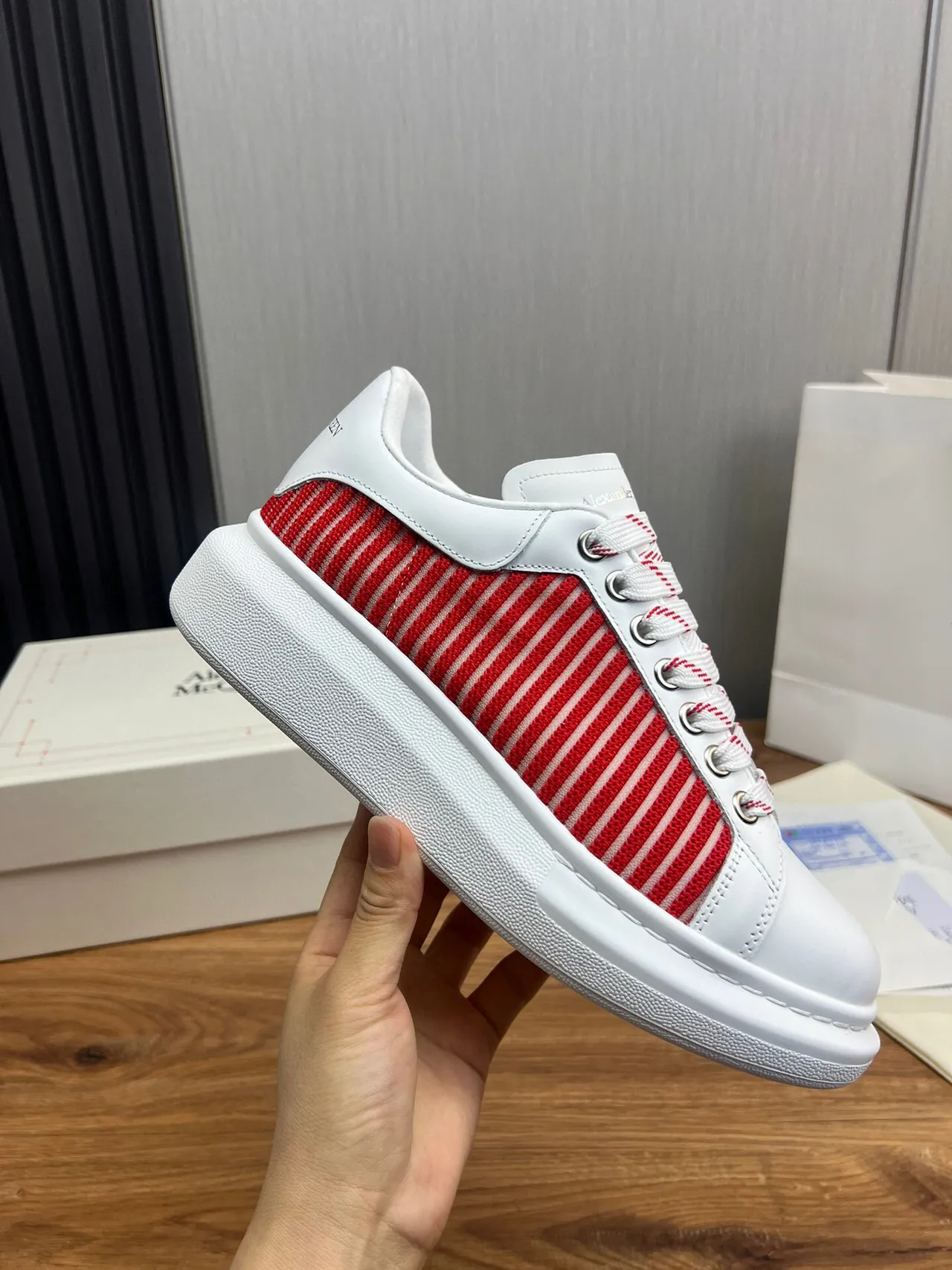 Alexander McQueen Oversized Sneaker White and Red Striped Lifestyle Sneakers 7