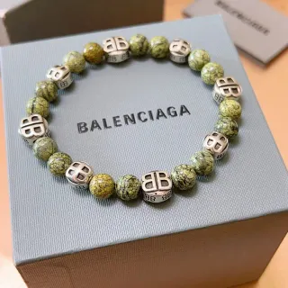 Balenciaga BB Bead Bracelet Green Marbled Stone and Silver-Tone Metal Bracelet