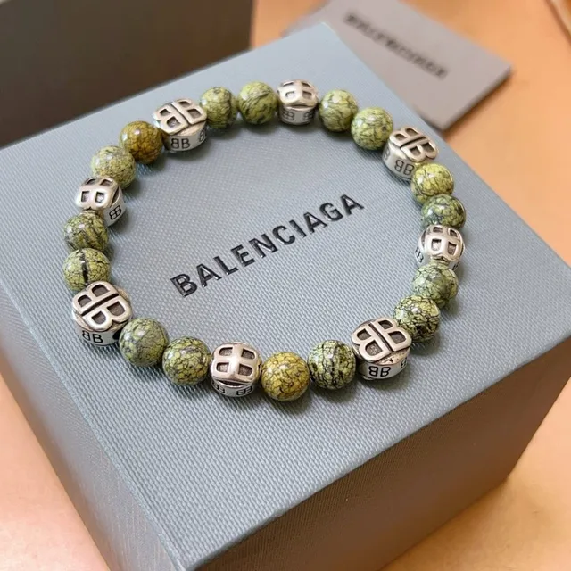 Balenciaga BB Bead Bracelet سوار حجر ماربل أخضر ومعدن فضي 4