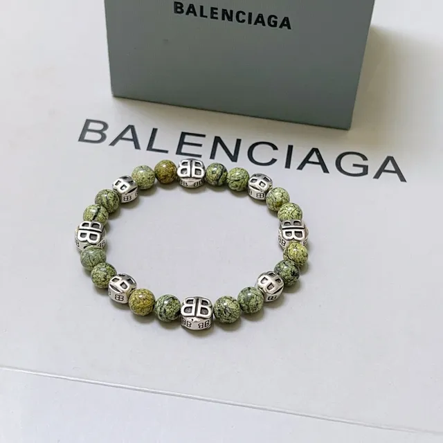 Balenciaga BB Bead Bracelet سوار حجر ماربل أخضر ومعدن فضي 6