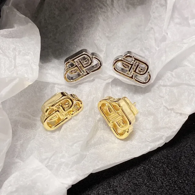 Balenciaga BB Gold Silver Interlocking Monogram Openwork Metal Earrings 4