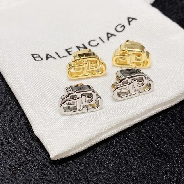 Balenciaga BB Gold Silver Interlocking Monogram Openwork Metal Earrings 7