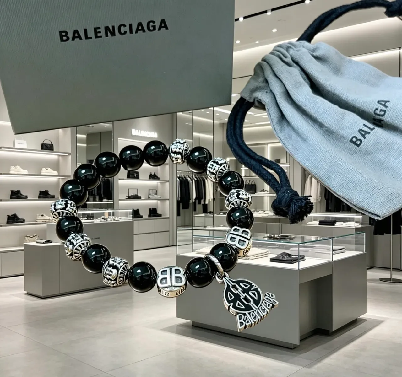 Balenciaga Black Silver Beaded Stretch Bracelet 5