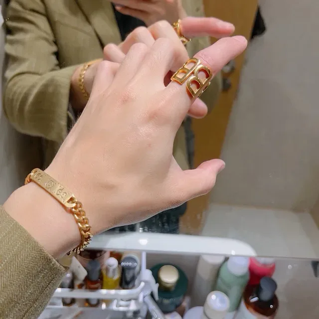 Balenciaga Interlocking B Logo Gold-Tone Ring 4
