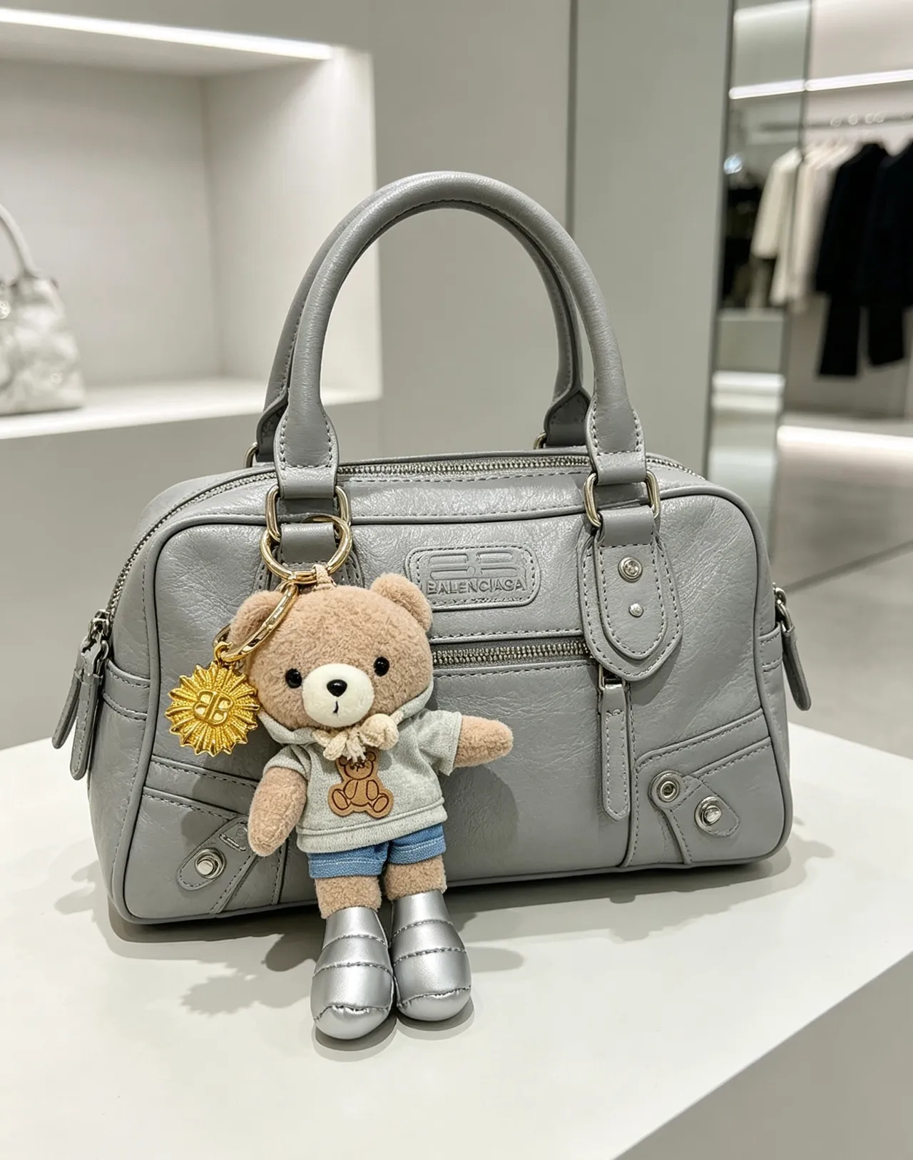 Balenciaga Teddy Bear बीज ग्रे प्लश सिल्वर पफर बूट्स हैंडबैग 8