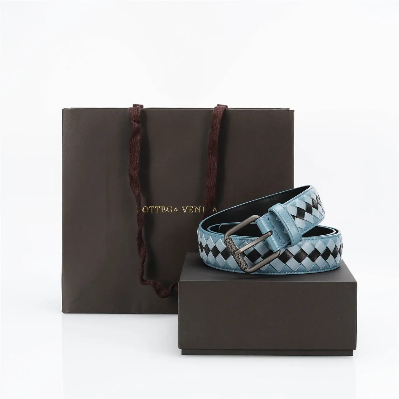 Bottega Veneta Intrecciato cinto Azul Preto entrelaçado Duas Cores Couro Cinto 5