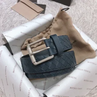 Bottega Veneta Intrecciato Belt Navy Silver Woven Rectangular Buckle Leather Belt