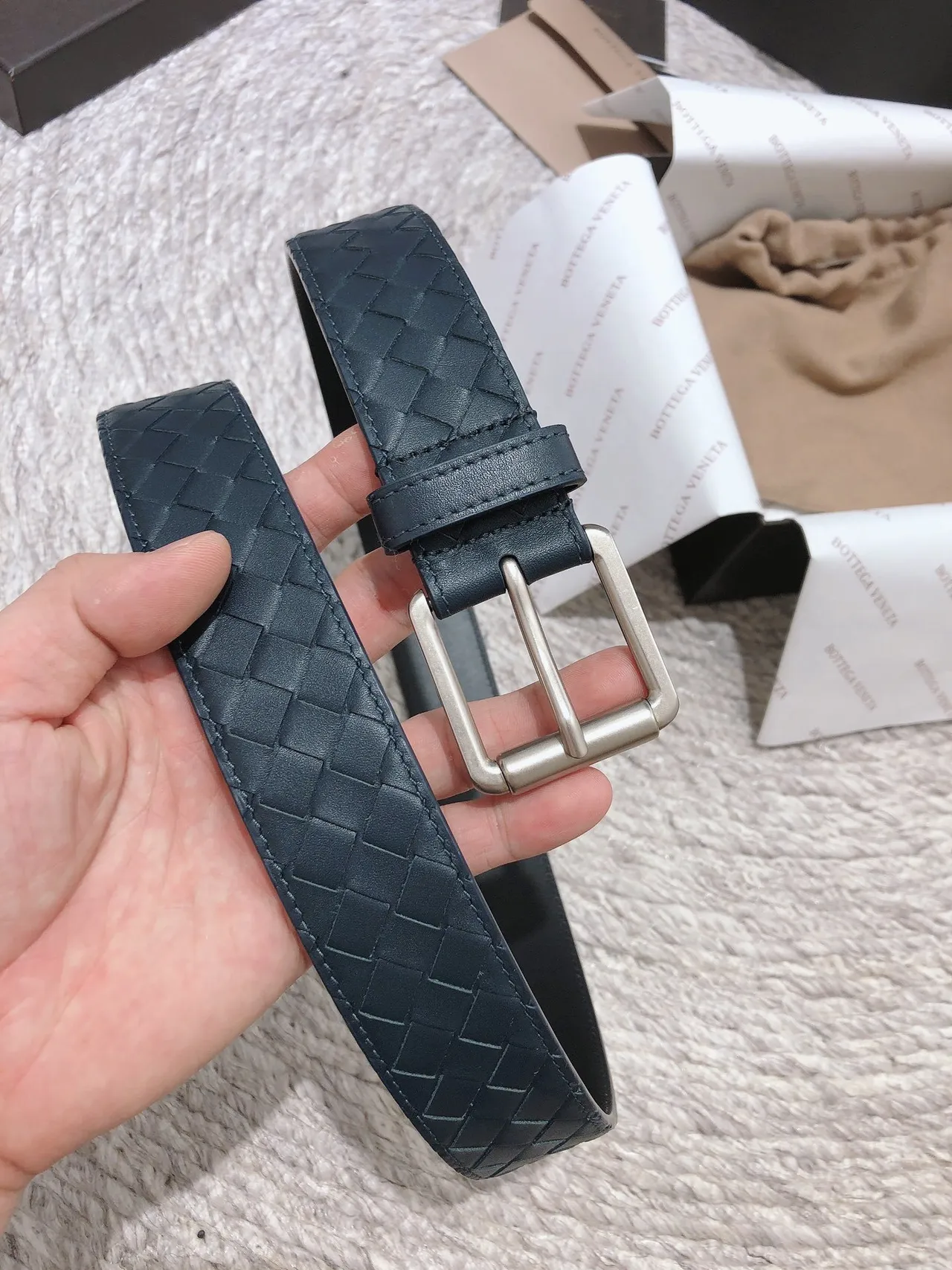 Bottega Veneta Intrecciato Belt Navy Silver Woven Rectangular Buckle Leather Belt 2