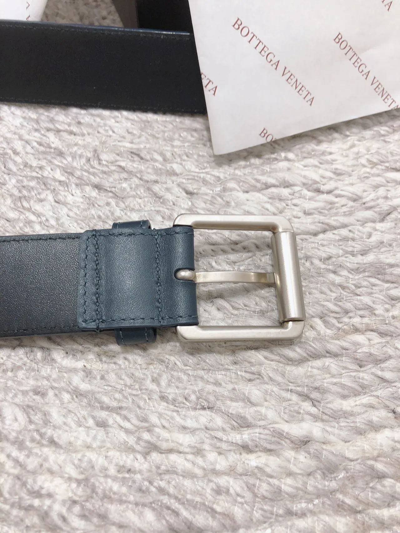 Bottega Veneta Intrecciato Belt Navy Silver Woven Rectangular Buckle Leather Belt 3